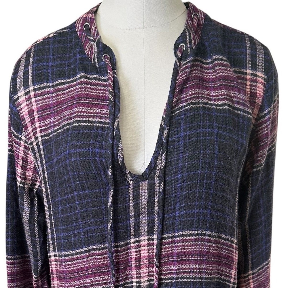 Cloth & Stone Plaid Tunic Dress Women Large Navy Blue Purple V-Neck Tie - Picture 2 of 8